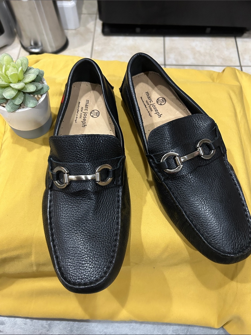 Marc Joseph Black Leather Slip-On Loafers with Silver Horsebit